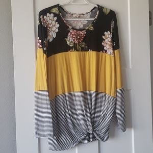 Floral, mustard, and stripe color block shirt